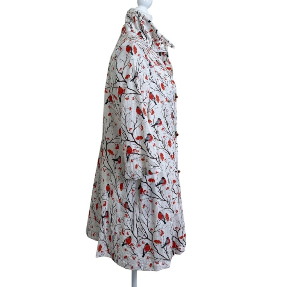 E-Laine Design Womens Size M Tunic Bird Robin Print Top Button-Front 3/4 Sleeves - Picture 2 of 7